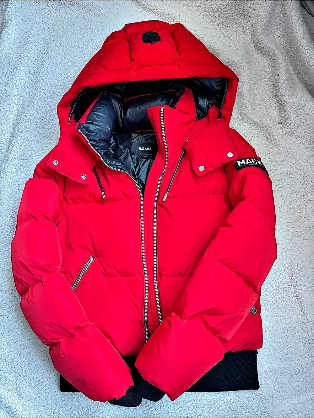 Mackage Aubrie Red Hooded Down Bomber Jacket, Women's XS